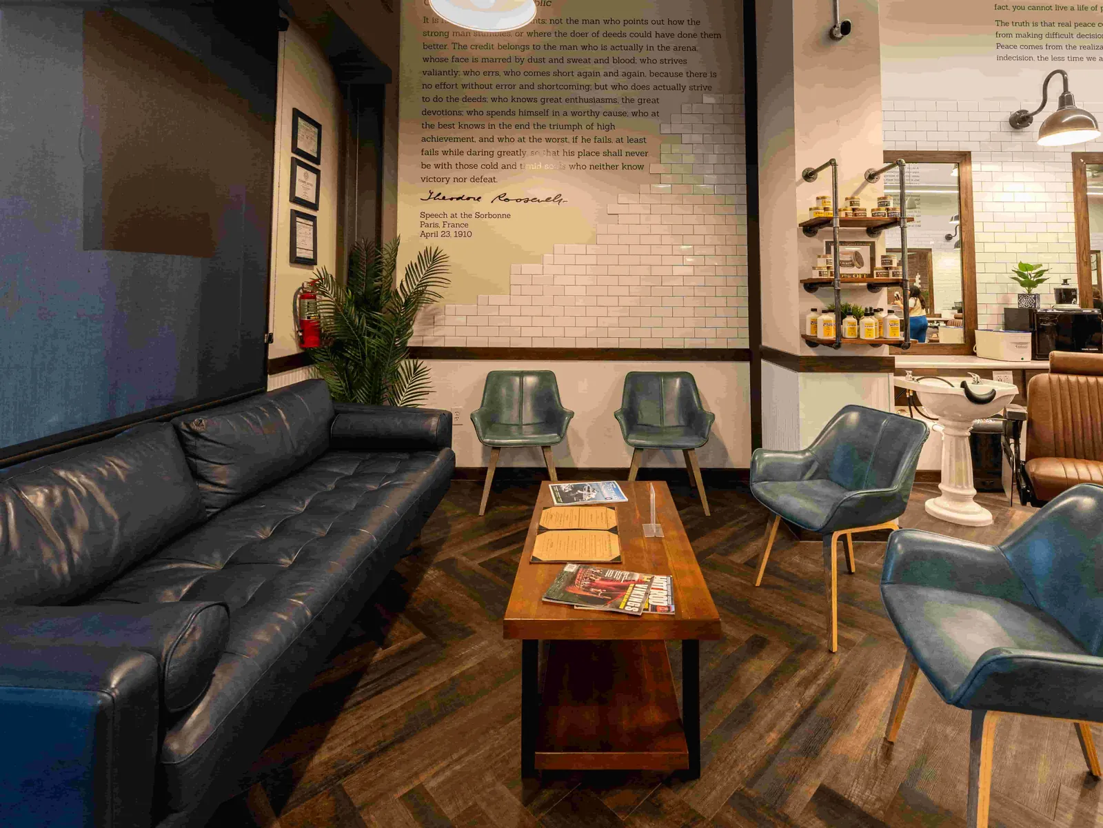 A sitting area at a barbershop